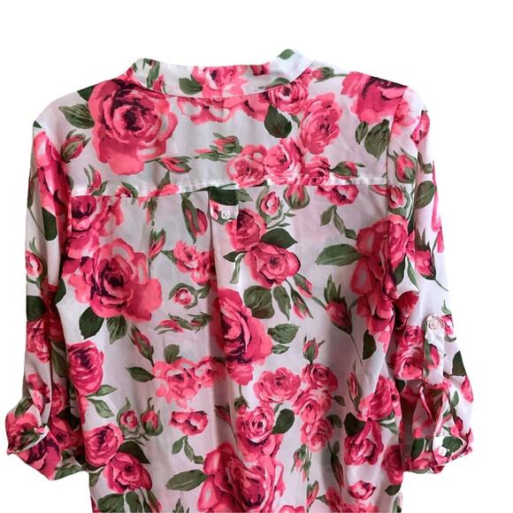 I Live 4 Truth Blouse Women Size L Pink Floral Hi Low Hem Roll Tab Sleeve - Picture 9 of 11
